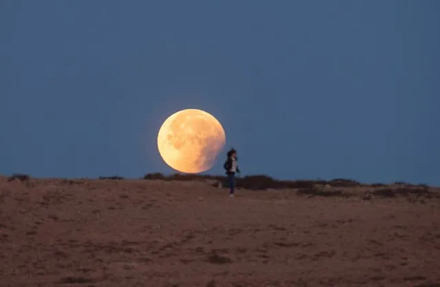 A woman runs in front the Moon during an eclipse in the village of Tindaya, Fuerteventura island, southwestern Spain, early 16 May 2022. (Photo by Carlos de Saa/EPA/EFE)