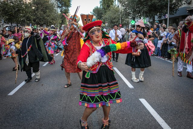 Artists representing the Bolivian delegation dance during the carnival to celebrate Hispanicity in Madrid, Spain on October 7, 2023. A festive parade took place along Bravo Murillo Street on the occasion of the Hispanic festivities for the discovery of America. The party has been organized by the city council of the capital with the cooperation of the different representations of the Latin American countrie. (Photo by David Canales/SOPA Images/Rex Features/Shutterstock)