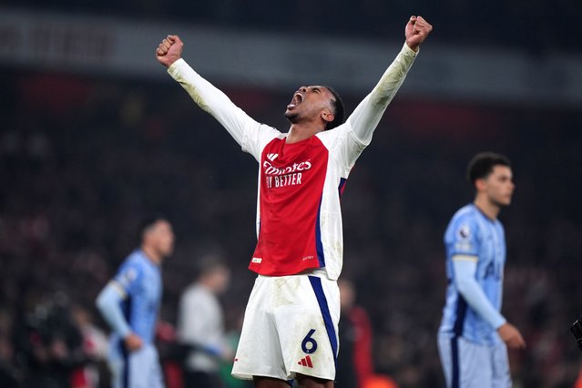 Arsenal's Gabriel celebrates following victory in the Premier League match at the Emirates Stadium, London on Wednesday, January 15, 2025. (Photo by Bradley Collyer/PA Images via Getty Images)