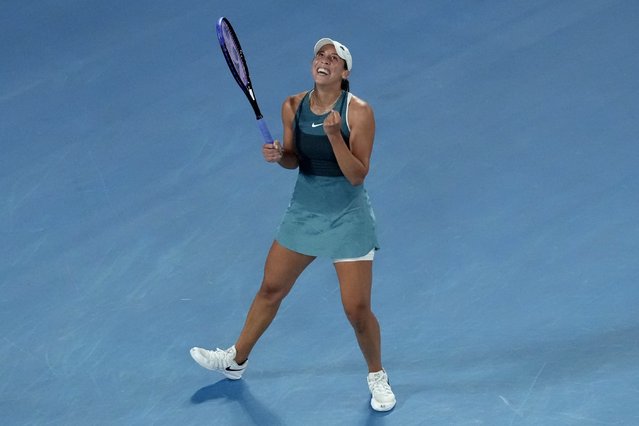 Madison Keys of the U.S. celebrates after defeating Iga Swiatek of Poland in their semifinal match at the Australian Open tennis championship in Melbourne, Australia, early Friday, January 24, 2025. (Photo by Manish Swarup/AP Photo)
