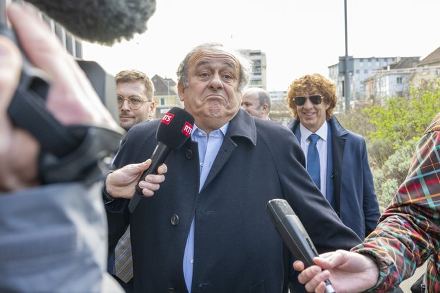 Former UEFA President, Michel Platini (C) arrives to the hear the trial verdict at the special appeals court in Muttenz, Switzerland, 25 March 2025. A special appeals court, sitting in Muttenz near Basel, will hear request by Switzerland's Attorney General's office (OAG) to reopen proceedings against Joseph (Sepp) Blatter and Michel Platini. (Photo by Urs Flueeler/EPA)
