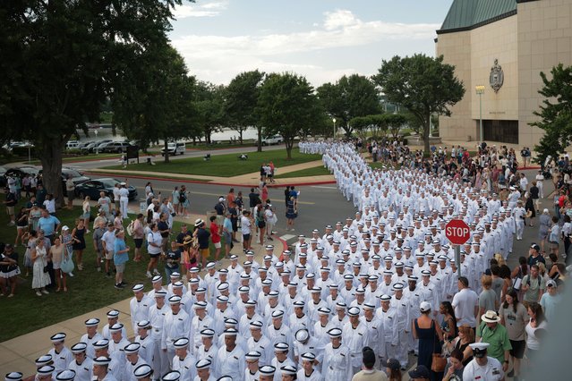 Incoming freshmen march to Worden Field for their Oath of Office ceremony during Induction Day at the U.S. Naval Academy on June 26, 2025 in Annapolis, Maryland. To mark the start of Plebe Summer, approximately 1,200 plebes, or freshmen in the Class of 2029 take part in Induction Day which involves In-processing, medical exams, uniform fittings, haircuts, and learning to salute. (Photo by Kayla Bartkowski/Getty Images)