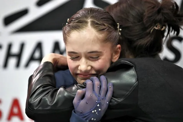 Isabeau Levito celebrates after learning her score during the women's free skate at the U.S. figure skating championships in San Jose, Calif., Friday, January 27, 2023. Levito finished first in the event. (Photo by Josie Lepe/AP Photo)