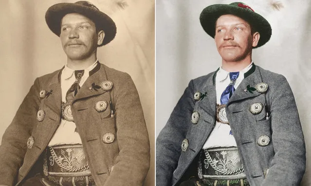 A Bavarian man circa 1910 dressed in the leather breeches of the alpine regions of Germany, known as Lederhosen, and a wool jacket with horn buttons. (Photo by Augustus Francis Sherman/New York Public Library/The Guardian)