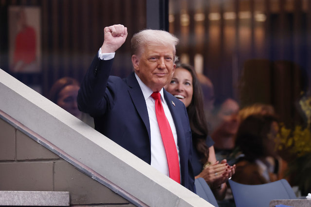 U.S. President Donald Trump reacts as he arrives prior to the Men's Singles Final match between Jannik Sinner of Italy and Carlos Alcaraz of Spain on Day Fifteen of the 2025 US Open at USTA Billie Jean King National Tennis Center on September 07, 2025 in New York City. (Photo by Elsa/Getty Images)
