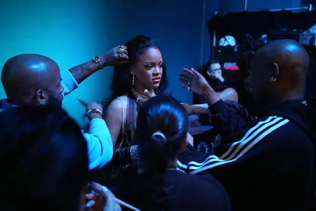 Barbadian singer Rhianna gets made up backstage before singing at the Oscars at Ovation Hollywood in California, US on March 12, 2023. (Photo by ABC/Getty Images)