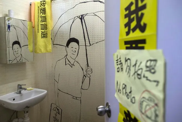 A painting of Chinese President Xi Jinping holding an umbrella is seen on the toilet wall in a guesthouse in Hong Kong December 30, 2014. Set up in a small apartment in the Causeway Bay shopping district, the guesthouse that gives what it calls “Umbrella Revolution Occupation Experience” charges guest HK$100 (US$13) a night to stay in a tent surrounded by pro-democracy banners. (Photo by Tyrone Siu/Reuters)