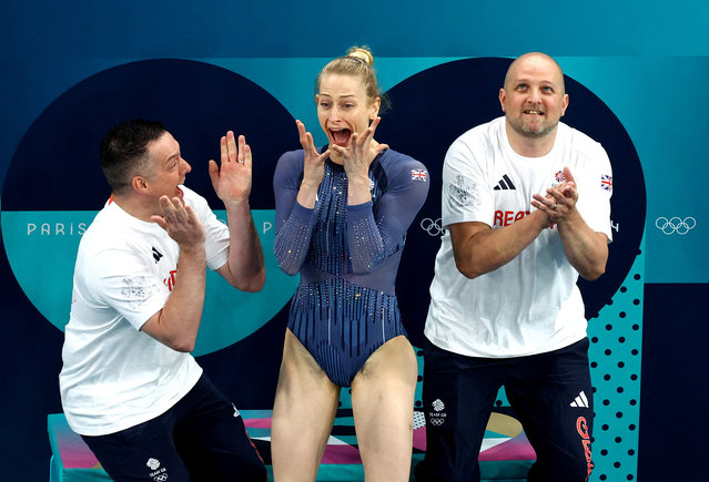 Bryony Page of Great Britain celebrates winning gold during the women’s trampoline final at Bercy Arena in Paris, France on August 02, 2024. (Photo by Athit Perawongmetha/Reuters)