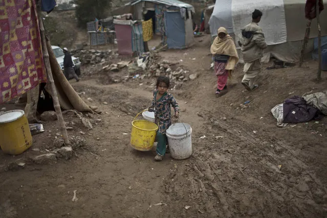 A Pakistani girl carrying buckets walks back to her family's makeshift tent in a slum in Rawalpindi, Pakistan, Friday, January 23, 2015. (Photo by Muhammed Muheisen/AP Photo)