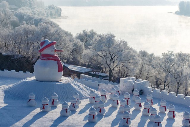 This photo taken on January 12, 2025 shows snowman installations beside frost-covered trees on the banks of Songhua River in Jilin, northeast China's Jilin province. (Photo by AFP Photo/China Stringer Network)