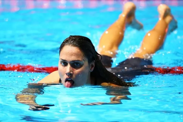 Zsuzsanna Jakabos of Hungary reacts after competing during the Swimming Women's 200m Butterfly preliminaries heat one on day twelve of the 15th FINA World Championships at Palau Sant Jordi on July 31, 2013 in Barcelona, Spain. (Photo by Al Bello/Getty Images)