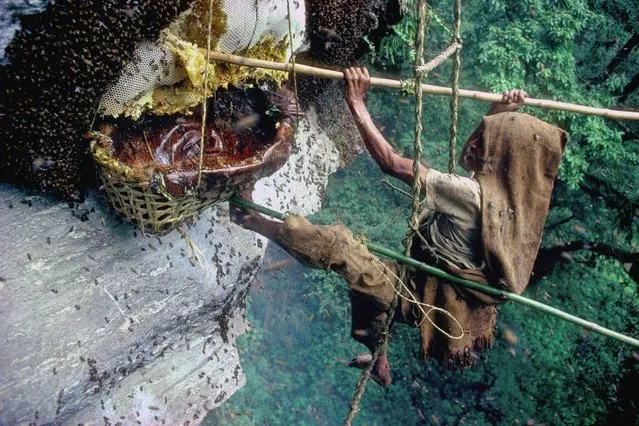 1990 Visa d'or Feature: Eric Valli & Diane Summers. “I took this picture while living with the Gurung Honey Hunters in Nepal from 1986-1987, one of my first great adventures in the Himalayan mountains. Seen here is Mani-Lal harvesting the honey of the Apis Dorsata, which make their nests in the cliffs about 2500m high. (Photo by Eric Valli/Diane Summers)