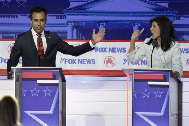Businessman Vivek Ramaswamy and former U.N. Ambassador Nikki Haley speak during a Republican presidential primary debate hosted by FOX News Channel Wednesday, August 23, 2023, in Milwaukee. (Photo by Morry Gash/AP Photo)