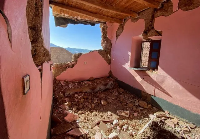A view shows a damaged room, following a powerful earthquake, in the village of Tansghart in the Asni area, Morocco on September 9, 2023. (Photo by Abdelhak Balhaki/Reuters)