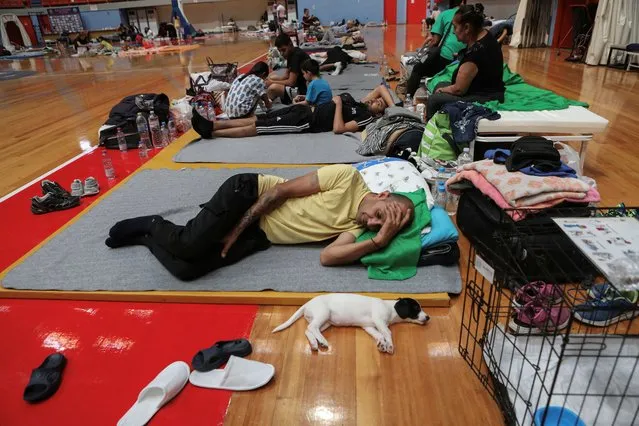 A man and his dog find shelter in an indoor stadium after being evacuated from flooded areas, in the aftermath of Storm Daniel, in Larissa, Greece on September 10, 2023. (Photo by Elias Marcou/Reuters)