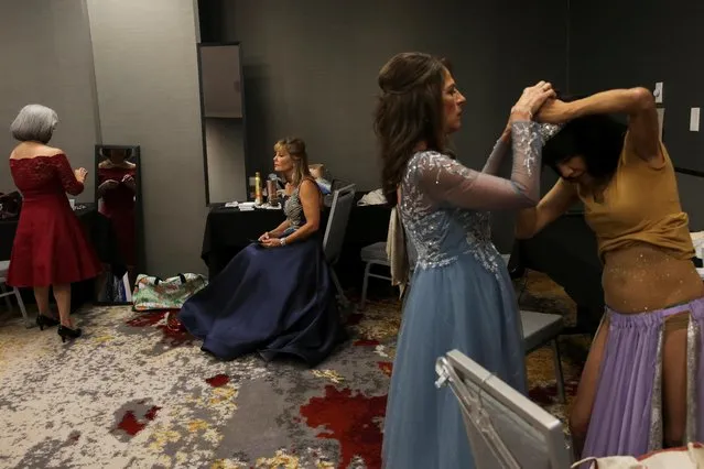 Rosie Garza Martinez, Kimberly Ghedi, Janet Standifer and Nina Elizalde Crocker prepare themselves and wait in the dressing room before the talent portion of the Ms. Texas Senior America Pageant in Dallas, Texas, U.S., July 24, 2021. (Photo by Shelby Tauber/Reuters)