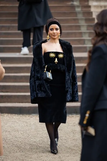 Singer Balqees Ahmed Fathi wears black coat, dress, earrings, hair band outside Schiaparelli  during the Haute Couture Spring/Summer 2024 as part of  Paris Fashion Week on January 22, 2024 in Paris, France. (Photo by Christian Vierig/Getty Images)