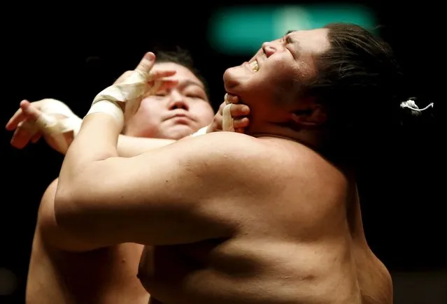 Sumo wrestlers of Nishonoseki clan take part in a joint training session ahead of the May Grand Sumo Tournament in Tokyo May 2, 2015. (Photo by Toru Hanai/Reuters)