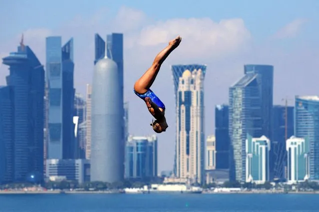 Australia’s Rhiannan Iffland competes in the preliminary round of the women's 20m high diving event during the 2024 World Aquatics Championships at Doha Port in Doha on February 13, 2024. (Photo by Evgenia Novozhenina/Reuters)