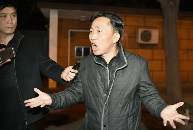 North Korean Ri Jong Chol speaks in front of reporters at the North Korean Embassy in Beijing early Saturday, March 4, 2017. Malaysian authorities on Friday deported the only North Korean detained in the killing of the half brother of North Korea's leader after releasing him because of a lack of evidence to charge him. (Photo by Naohiko Hatta/Kyodo News via AP Photo)