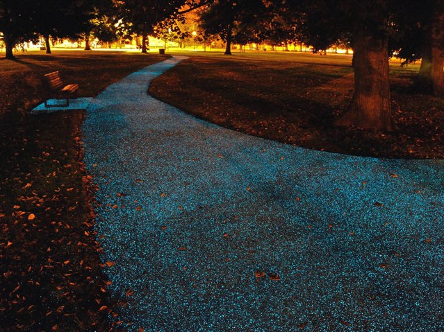 An artist's impression of solar-powered pathways that shine at night which could help reduce street lighting in future cities as future “green” cities could resemble fairylands filled with radiant buildings and glowing trees. The bright vision of environmentally friendly cities was unveiled by Arup, the engineering and design consultancy behind London's Garden Bridge project. (Photo by Pro-Teq Surfacing/PA Wire)
