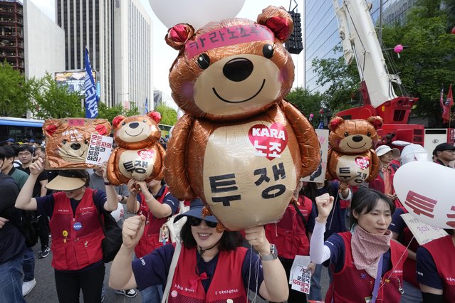 Members of the Korean Confederation of Trade Unions shout slogans during a rally on May Day in Seoul, South Korea, Wednesday, May 1, 2024. (Phoot by Ahn Young-joon/AP Photo)