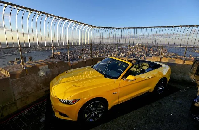 The 2015 Ford Mustang convertible, assembled overnight, sits on the observation deck of the Empire State Building. (Photo by Hiroko Masuike/The New York Times)