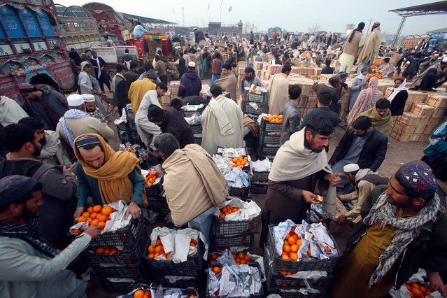 Pakistani vendors sell oranges at an open air fruit market in Peshawar, Pakistan, Sunday, March 10, 2024. (Photo by Mohammad Sajjad/AP Photo)