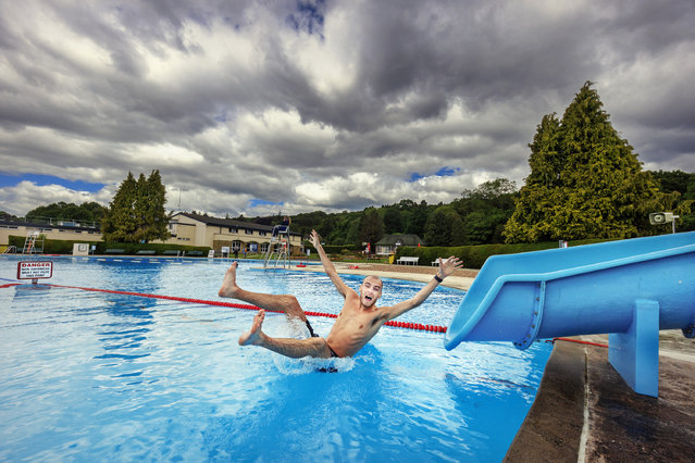 Stormy skies over West Yorkshire on May 30, 2024 kept the half-term crowds away from Ilkley Lido, but the conditions did not stop Josh Taylor from making a splash. (Photo by James Glossop/ The Times & Sunday Times)