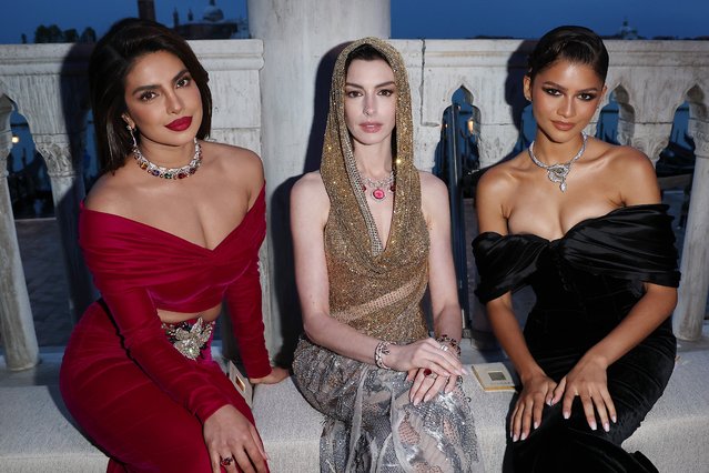 Indian actress Priyanka Chopra Jonas, American actress Anne Hathaway and American actress and singer Zendaya attend the “Bulgari Mediterranea High Jewelry” event at Palazzo Ducale on May 16, 2023 in Venice. (Photo by Pietro S. D'Aprano/Getty Images for Bulgari)