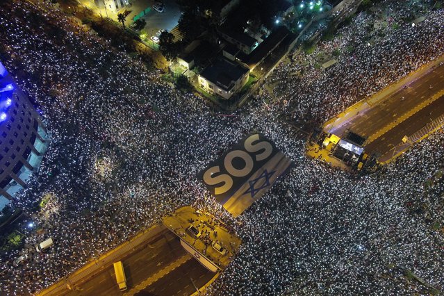 An aerial view of the area as Israelis gather to protest against judicial overhaul bill to limit the court's powers, in Tel Aviv, Israel on July 15, 2023. (Photo by Yair Palti/Anadolu Agency via Getty Images)