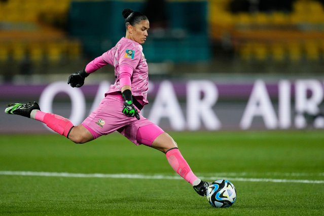 Goalkeeper Christen Swart of South Africa kicks the ball down the pitch during the FIFA Women's World Cup Australia & New Zealand 2023 Group G match between South Africa and Italy at Wellington Regional Stadium on August 2, 2023 in Wellington, New Zealand. (Photo by Jose Breton/NurPhoto/Rex Features/Shutterstock)