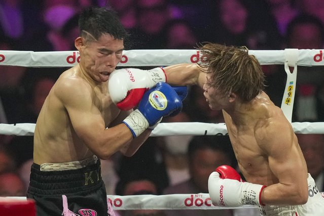 Japanese champion Naoya Inoue, right, punches South Korea challenger Ye Joon Kim in the fourth round of a boxing match for the unified WBC IBF and WBO super bantamweight world title at the Ariake Arena in Tokyo, Friday, January 24, 2025. (Photo by Hiro Komae/AP Photo)