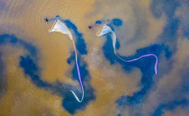 An aerial view of employees of the Shanxi Coking Coal Yuncheng Salt Group Co., Ltd. netting Sea Monkeys, which could be processed into fish feed, at a salt lake on June 1, 2020 in Yuncheng, Shanxi Province of China. (Photo by Xue Jun/VCG via Getty Images)