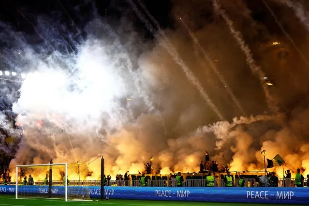 General view of fans with flares in the stands as the stewards look on during Europa League Group G Nantes vs Qarabag at Louis Fonteneau in Nantes, France on October 27, 2022. (Photo by Stephane Mahe/Reuters)