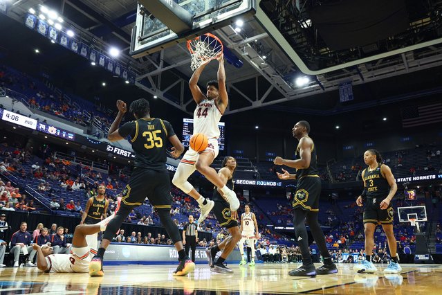 Dylan Cardwell #44 of the Auburn Tigers dunks the ball during the second half against the Alabama State Hornets in the first round of the NCAA Men's Basketball Tournament at Rupp Arena on March 20, 2025 in Lexington, Kentucky. (Photo by Andy Lyons/Getty Images)