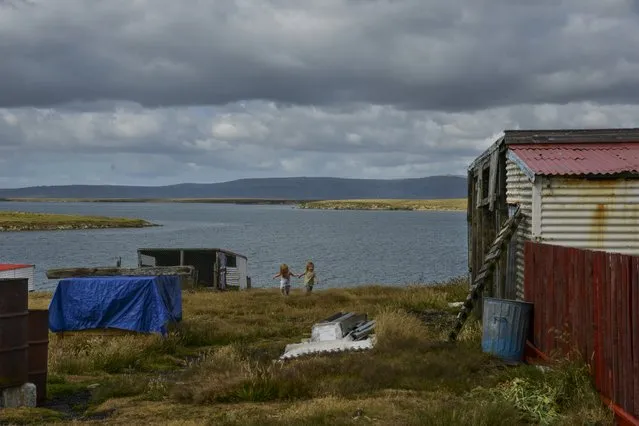 Sisters, Eden and Charleigh Molkenbuhr, skip along near their family's home on Friday, February 12, 2016, in Johnson's Harbour Farm, Falkland Islands.  Growing up on the Falklands Islands offers children a unique experience where wildlife and livestock, such as penguins and sheep, outnumber people on these islands that are sparsely populated by humans. (Photo by Jahi Chikwendiu/The Washington Post)