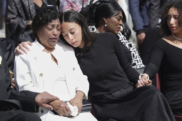 Marie Bourdeau, left, attends the memorial service of her daughter, former U.S. Rep. Mia Love, with her granddaughters Abigale, center, and Alessa, far right, at The Church of Jesus Christ of Latter-day Saints on the University of Utah campus in Salt Lake City, Monday, April 7, 2025. (Photo by Melissa Majchrzak/AP Photo)