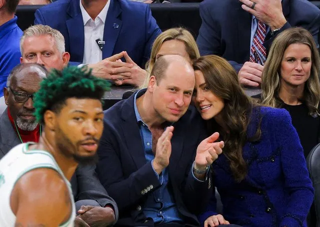 Former Celtics player and coach Tom “Satch” Sanders, Britain's Prince William and Catherine, Princess of Wales, attend the Wednesday night National Basketball Association game between the seventeen-time World Champion Boston Celtics and the Miami Heat at TD Garden in downtown Boston, U.S., November 30, 2022. (Photo by Brian Snyder/Pool via Reuters)