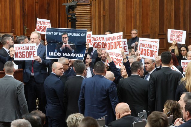 Members of the opposition protest against alleged election fraud, following the elections on December 17, 2023, as Serbia's new parliament convenes, in Belgrade, Serbia on February 6, 2024. (Photo by Djordje Kojadinovic/Reuters)