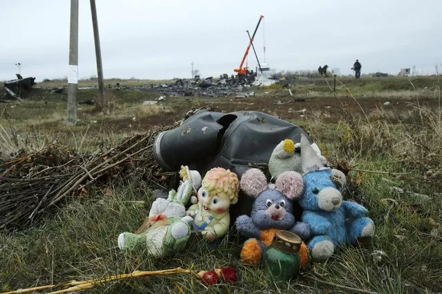 Soft toys are seen near the crash site of the Malaysia Airlines Boeing 777 plane (flight MH17) near the settlement of Grabovo in the Donetsk region November 16, 2014. (Photo by Antonio Bronic/Reuters)