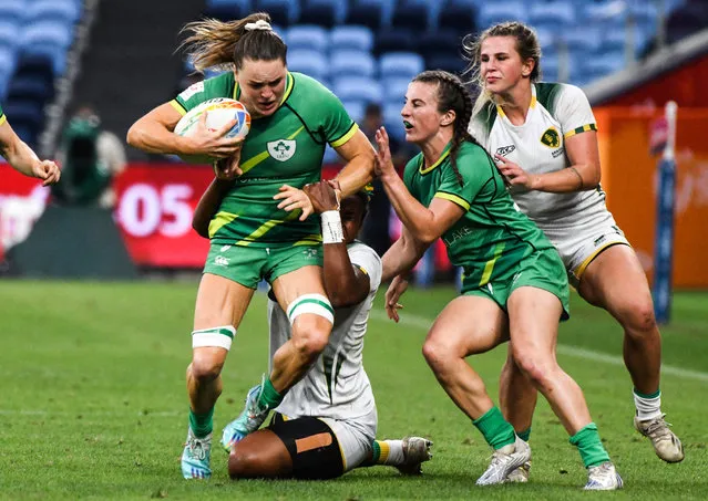 Athletes fight for the ball during the 2023 Sydney Sevens match between Ireland and Brazil at Allianz Stadium on January 27, 2023 in Sydney, Australia. (Photo by Zach Franzen/Inpho)