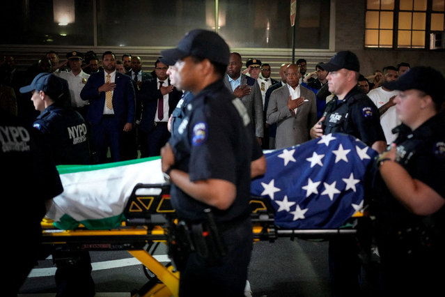 New York Mayor Eric Adams attends the dignified transfer of slain NYPD officer Didarul Islam, who was killed during a mass shooting in Midtown Manhattan, in New York on July 29, 2025. (Photo by Eric Adams via X/Handout via Reuters)