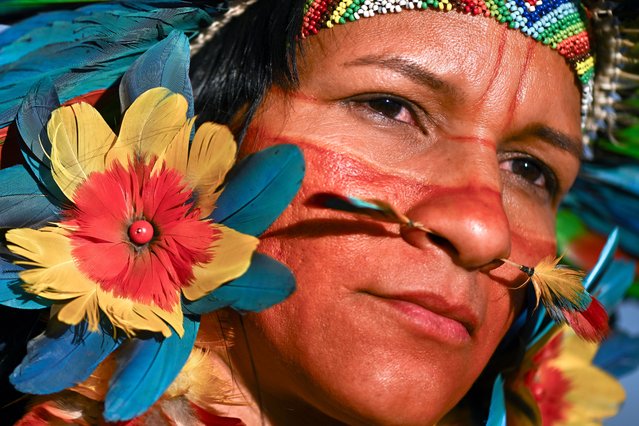 An indigenous woman participates in the encampment of the 4th March of Indigenous Women in Brasilia, Brazil, 04 August 2025. (Photo by Andre Borges/EPA)