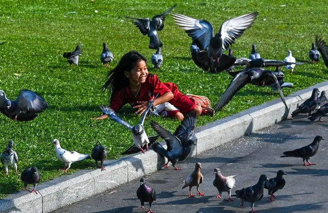 A girl plays with pigeons in front of Royal Palace in Phnom Penh, Cambodia on February 24, 2023. (Photo by Tang Chhin Sothy/AFP Photo)