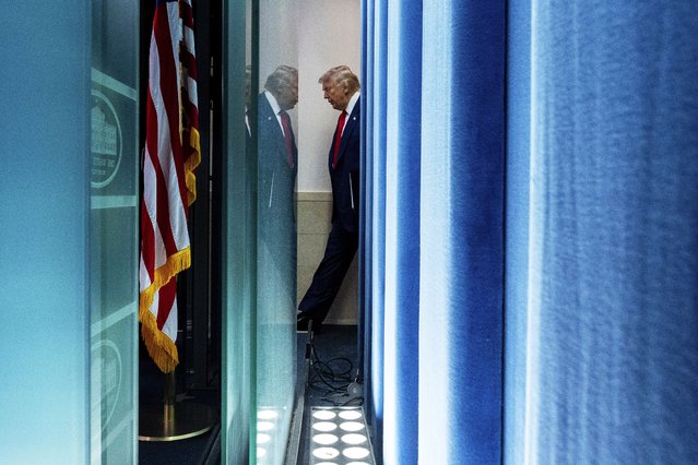 President Donald Trump arrives to speak with reporters in the James Brady Press Briefing Room at the White House, in Washington, August 11, 2025. (Photo by Alex Brandon/AP Photo)