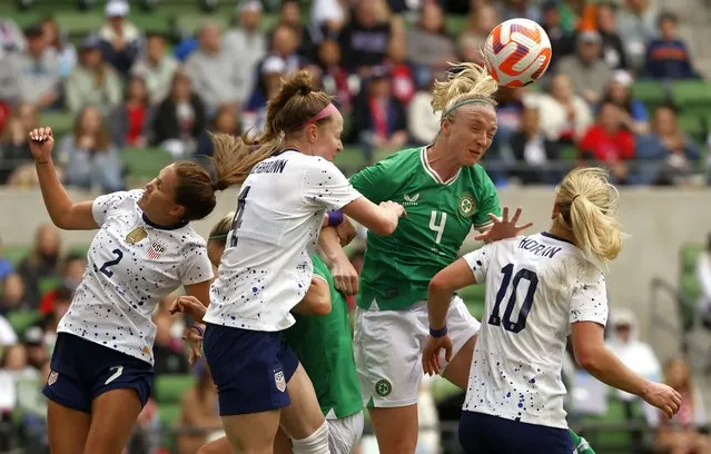 Louise Quinn #4 of the Republic of Ireland heads the ball against the United States during the second half of a 2023 International Friendly match at Q2 Stadium on April 8, 2023 in Austin, Texas. The United States won 2-0. (Photo by Ron Jenkins/Getty Images)