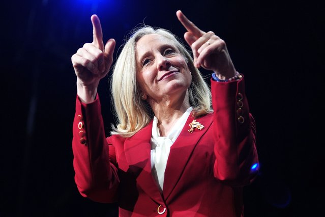 Democrat Abigail Spanberger points out at the crowd after she was declared the winner of the Virginia governor's race during an election night watch party in Richmond, Va., November 4, 2025. (Photo by Stephanie Scarbrough/AP Photo)