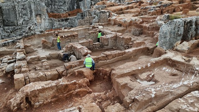 An aerial view of excavation site as a residential area dating back approximately 1,500 years to the Roman era is revealed at Perrhe, one of the five major cities of the ancient Commagene civilization, in Adiyaman, Turkiye on November 17, 2025. The newly uncovered structures provide fresh insights into daily life in the region during antiquity and contribute to ongoing research on the historical significance of Perrhe. (Photo by Orhan Pehlul/Anadolu via Getty Images)