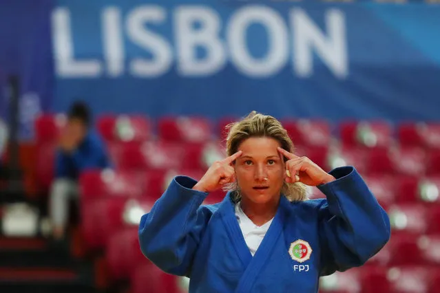 Telma Monteiro of Portugal reacts after her semi final bout against Nora Gjakova of Kosovo in the women's -57kg category at the European J​udo Championships in Lisbon, Portugal, 16 April 2021. (Photo by Nuno Veiga/EPA/EFE)